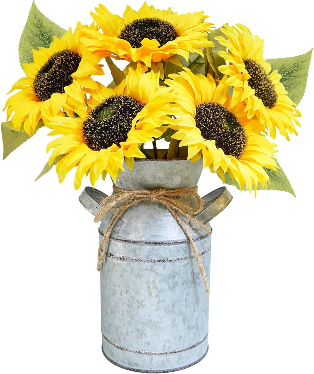 Artificial Sunflowers in Rustic Galvanized Metal Milk Can Vase – 12” Farmhouse Centerpiece, Yellow Silk Sunflower Floral Arrangement for Country, Fall Wedding, Home & Kitchen Table Décor